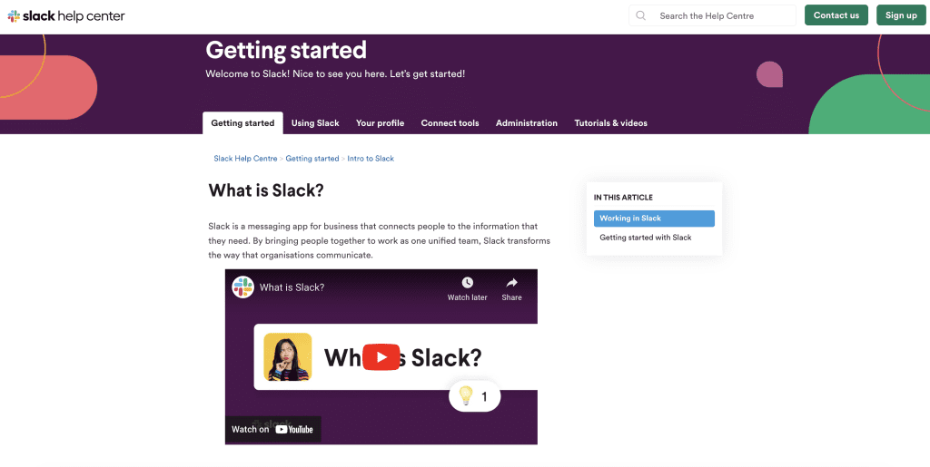 Slack's FAQ page integrates video tutorials